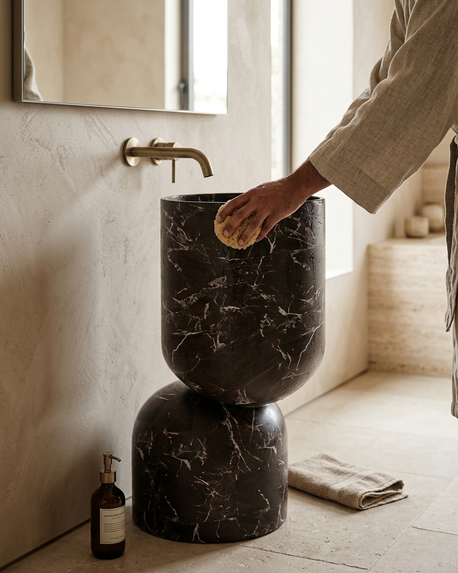 pomelli_photoshoot_image_4_5_0605 (1) pomelli photoshoot image 4 5 0605 1 - Muniq Freestanding Rosso Levanto Marble Basin | Italian Stone Vessel Sink | Designer Luxury Bathroom Washbasin