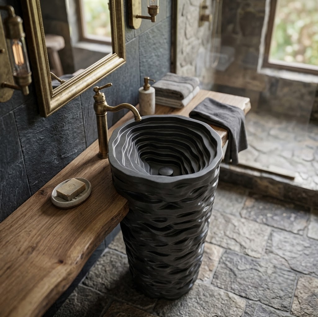 Canyon Noir Freestanding Artificial Stone Pedestal Basin Sculpted Black Designer Sink Canyon Noir freestanding artificial stone pedestal basin featuring layered sculptural contours and luxury matte black finish inspired by natural canyon formations