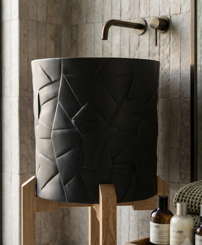 Close-up view of geometric sculpted texture on a luxury matte black composite stone vessel basin.