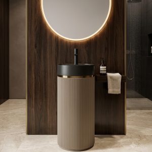 Black gold artificial stone freestanding fluted pedestal basin 1359 with matte black bowl polished gold stripe accent and tall fine-ribbed warm bronze column