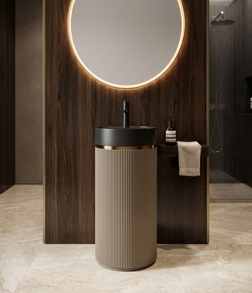 Black Gold Artificial Stone Fluted Basin 1359 Matte Black Bowl Bronze Ribbed Column Black gold artificial stone freestanding fluted pedestal basin 1359 with matte black bowl polished gold stripe accent and tall fine-ribbed warm bronze column