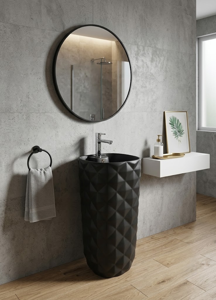 Diamond Matt Black Ceramic Freestanding Pedestal Basin 179 3D Texture Diamond matt black ceramic freestanding pedestal basin 179 with all-over raised 3D diamond pattern in deep matte black against white bathroom wall with round black mirror