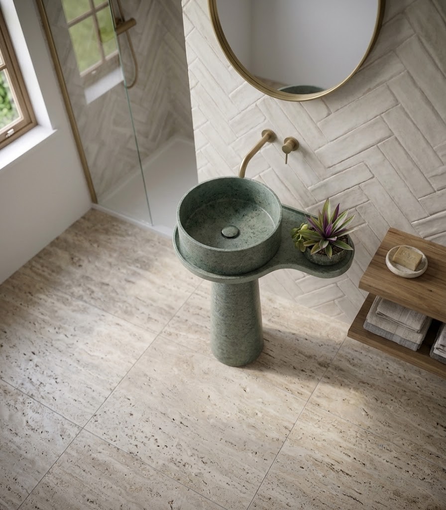 Contemporary round composite stone basin in a sage green finish with minimalist luxury styling.