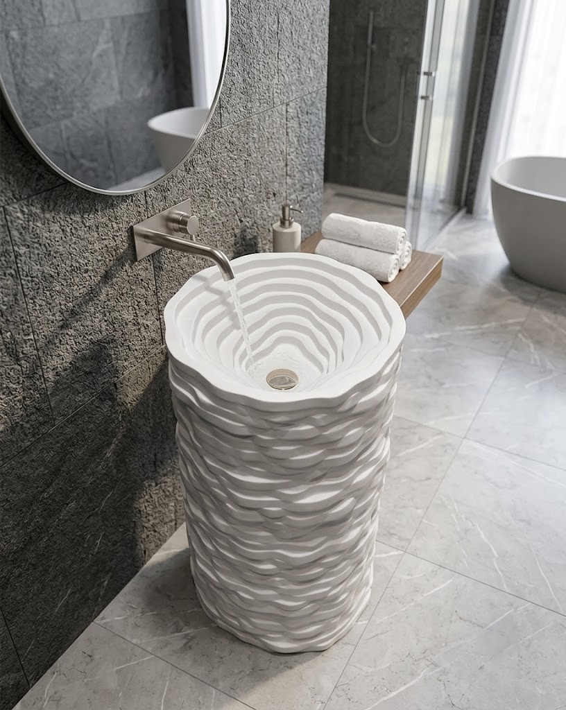 Canyon Pearl Freestanding Artificial Stone Pedestal Basin White Sculptural Designer Sink Canyon Pearl freestanding artificial stone pedestal basin featuring flowing layered contours and premium matte white finish inspired by natural stone formations