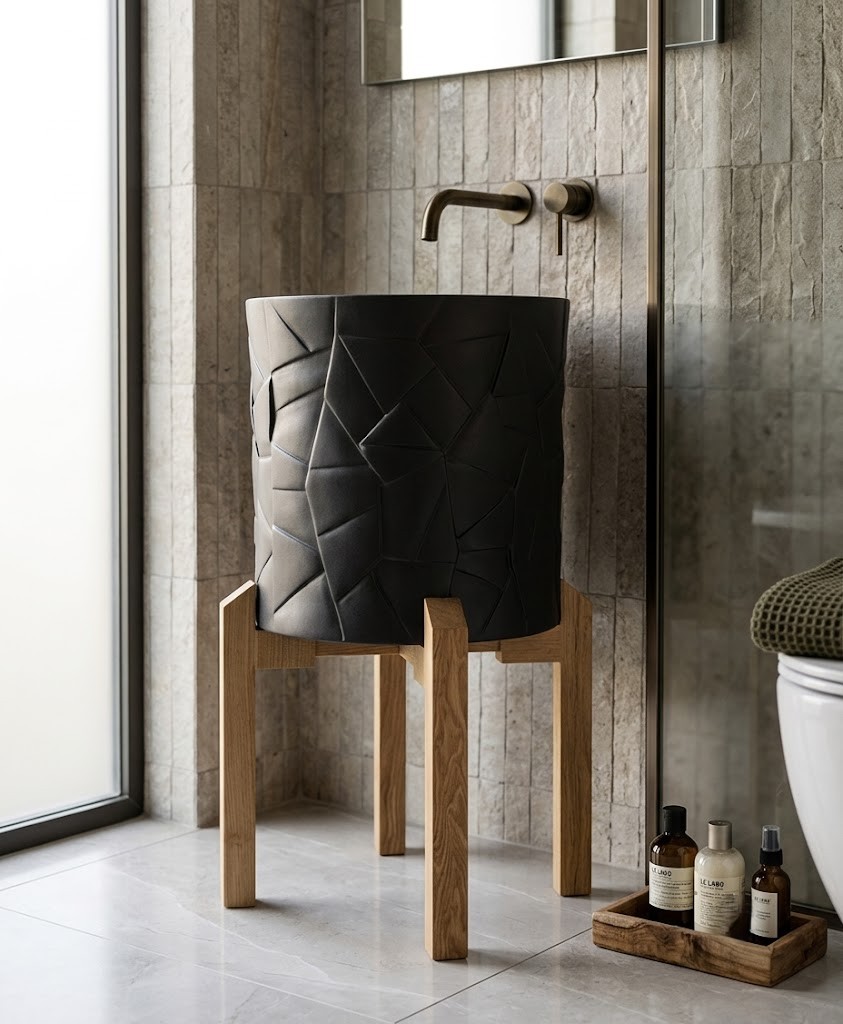 Matte black composite stone vessel basin featuring geometric faceted texture mounted on a minimalist solid wood stand.