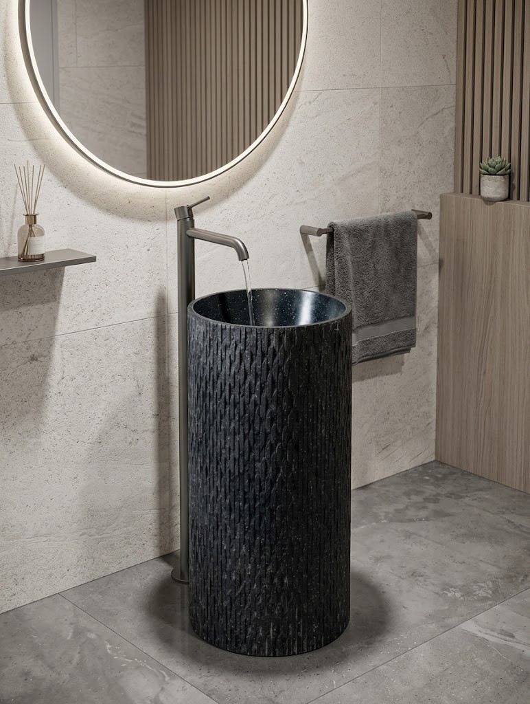 Black composite stone freestanding chiselled pedestal basin with raw hand-textured exterior and polished dark interior bowl in warm stone contemporary bathroom