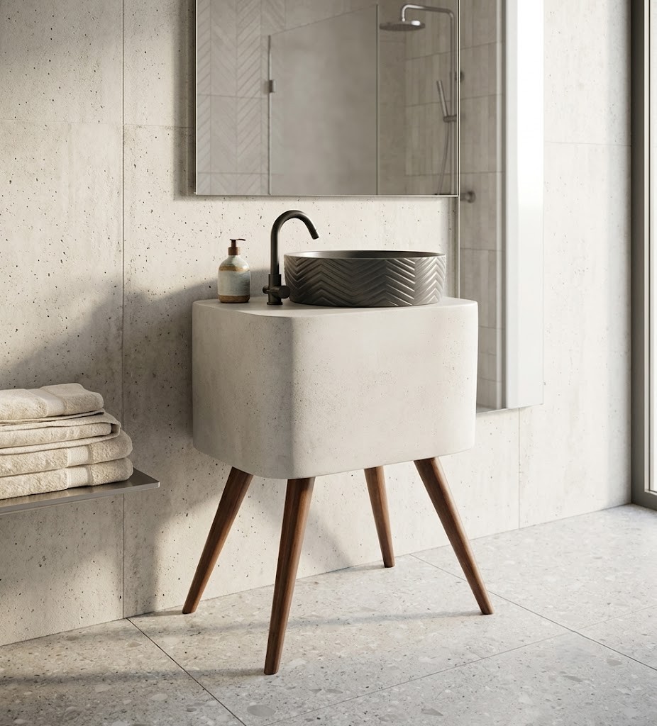 Contemporary vessel basin featuring a chevron textured exterior mounted on a modern vanity stand with tapered wooden legs.