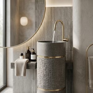 Grey terrazzo composite stone freestanding basin with textured center panel and dual gold accent rings in a luxury bathroom.