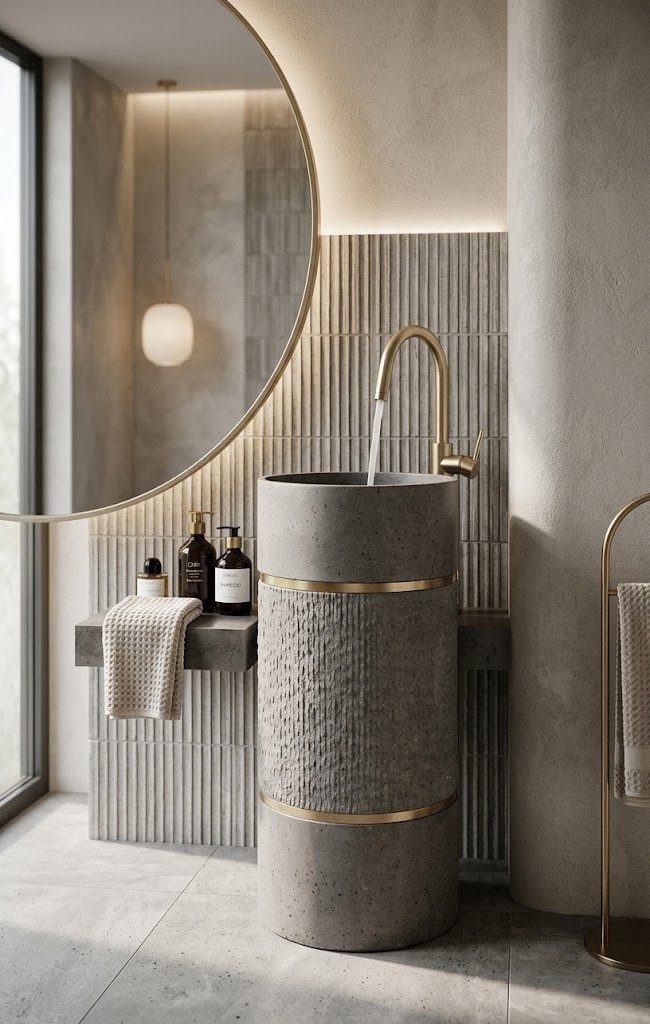 Grey terrazzo composite stone freestanding basin with textured center panel and dual gold accent rings in a luxury bathroom.