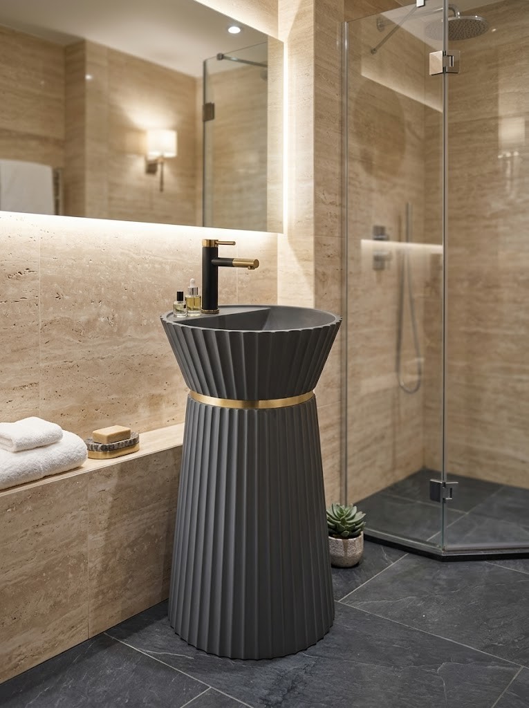 Graphite Crown Freestanding Artificial Stone Pedestal Basin Grey Fluted Designer Sink Graphite Crown freestanding artificial stone pedestal basin featuring a matte graphite grey finish, architectural fluting, and luxury gold accent ring