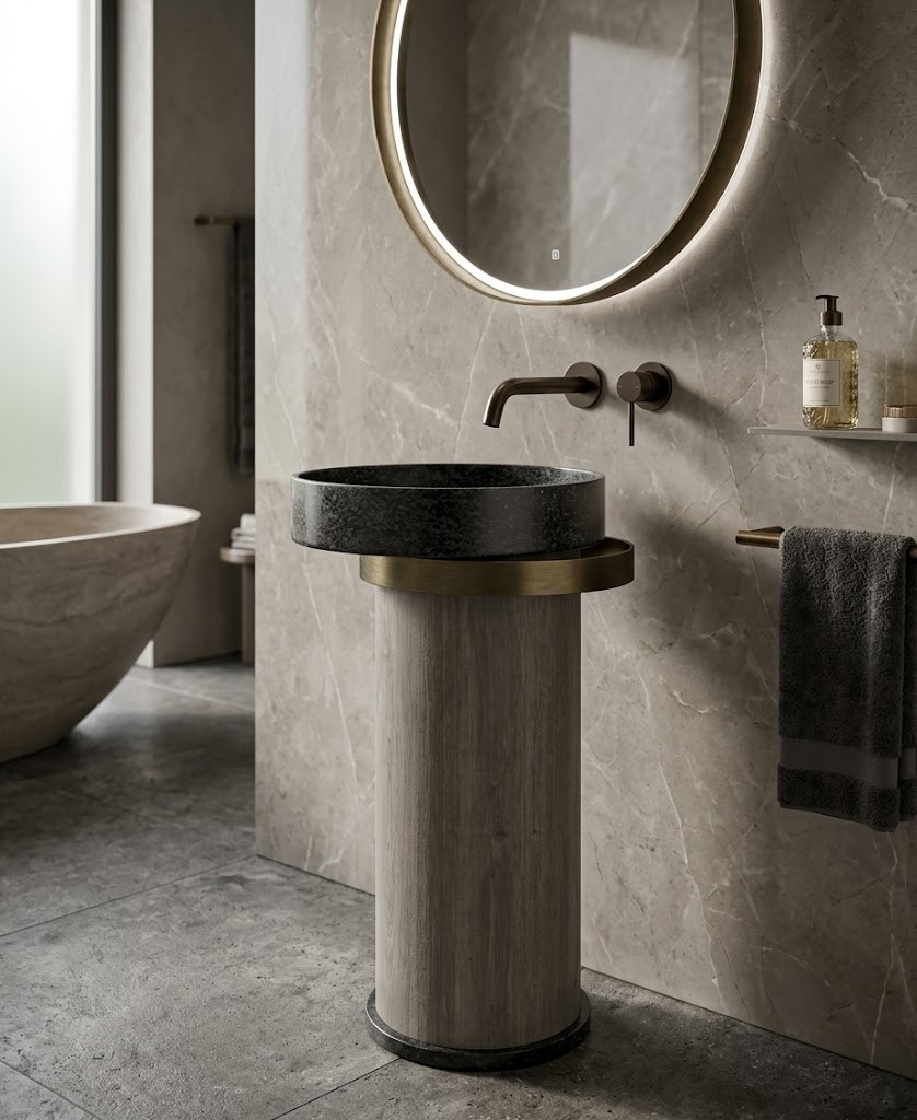 Luxury black stone vessel basin mounted on a wood-textured cylindrical pedestal with metallic accent ring in a modern designer bathroom.