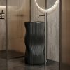 Muniq artificial stone pedestal basin 1348 400x850mm showing sinuously undulating organic wave-ribbed column in total matte black with open round bowl at crown avant-garde luxury washbasin