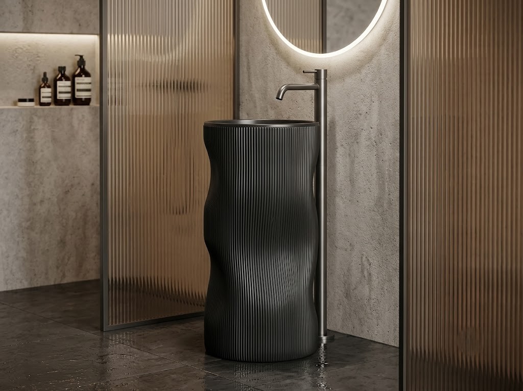 Muniq Artificial Stone Pedestal Basin 1348 400x850mm Matte Black Organic Wave Ribbed Column Sink Muniq artificial stone pedestal basin 1348 400x850mm showing sinuously undulating organic wave-ribbed column in total matte black with open round bowl at crown avant-garde luxury washbasin