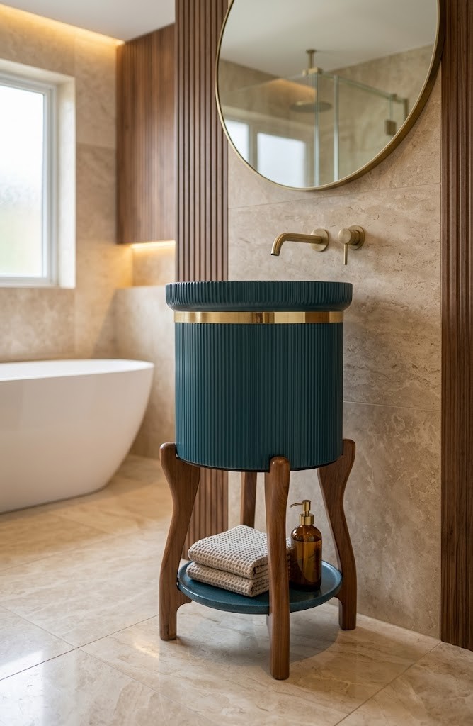 Luxury teal composite stone basin featuring vertical fluted detailing, brass accent band, and designer wooden stand with storage she