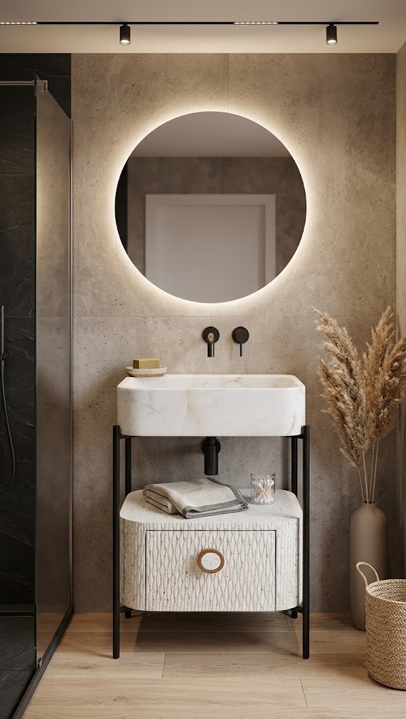 Luxury bathroom vanity featuring a marble-inspired composite stone basin, textured storage cabinet, and contemporary black metal frame.