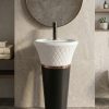 Muniq artificial stone pedestal basin 1357 450x860mm showing all-over quilted diamond lozenge white bowl with matte black tapered cone pedestal and precision gold ring couture luxury washbasin