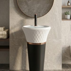 Muniq artificial stone pedestal basin 1357 450x860mm showing all-over quilted diamond lozenge white bowl with matte black tapered cone pedestal and precision gold ring couture luxury washbasin