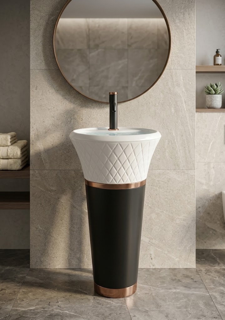 Muniq Artificial Stone Pedestal Basin 1357 450x860mm Quilted Diamond White Bowl Matte Black Tapered Pedestal Gold Ring Muniq artificial stone pedestal basin 1357 450x860mm showing all-over quilted diamond lozenge white bowl with matte black tapered cone pedestal and precision gold ring couture luxury washbasin