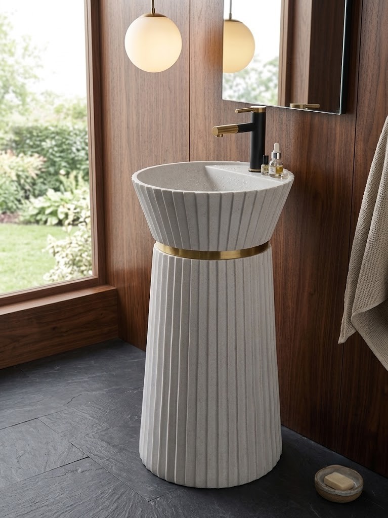 Ivory Crown Freestanding Artificial Stone Pedestal Basin White Fluted Designer Sink Ivory Crown freestanding artificial stone pedestal basin featuring a matte white finish, vertical fluted detailing, and elegant gold accent ring