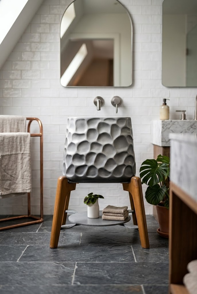 Composite stone vessel basin featuring a sculpted pebble texture exterior mounted on a designer wooden stand with storage shelf.