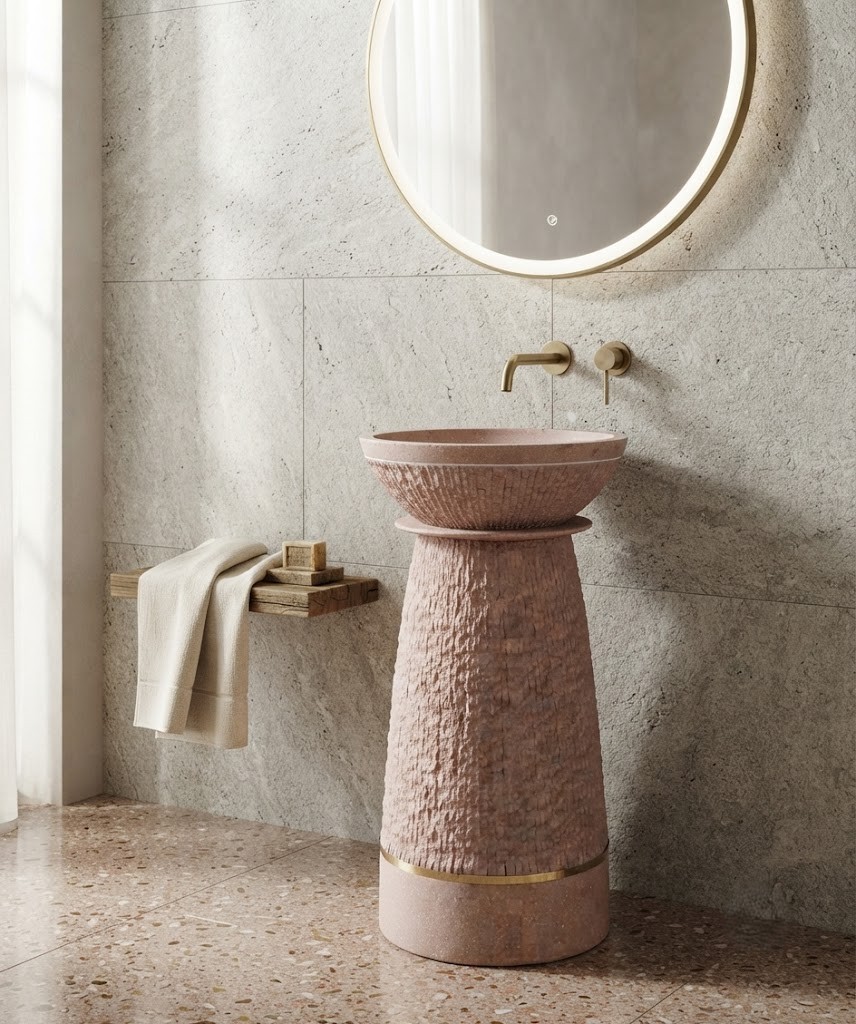Blush pink terrazzo composite stone freestanding basin with textured pedestal design and elegant gold accent ring.