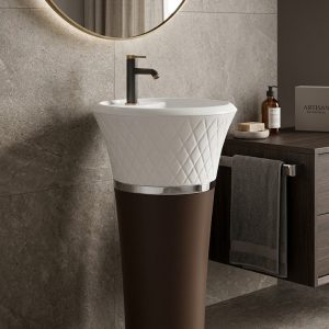 White brown artificial stone freestanding quilted pedestal basin 1358 with diamond quilted white bowl polished gold ring and smooth warm brown tapered column