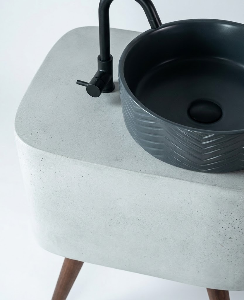 Close-up view of chevron patterned texture on a luxury designer vessel washbasin.