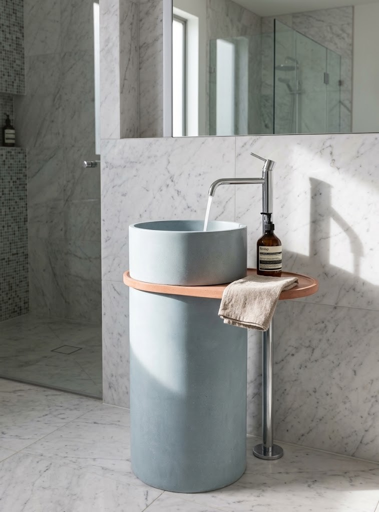 Sky blue composite stone freestanding basin featuring an integrated side shelf and modern cylindrical pedestal design.