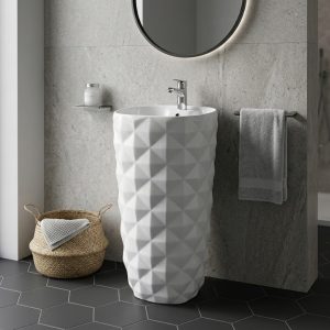 Diamond white ceramic freestanding pedestal basin 180 with all-over raised 3D diamond pattern in brilliant gloss white and chrome deck faucet