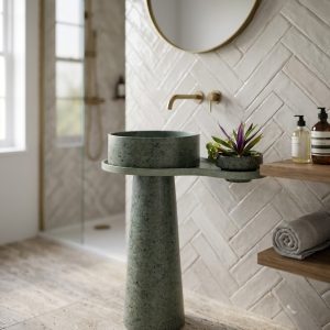 Sage green composite stone freestanding basin featuring an integrated side shelf and tapered pedestal design.