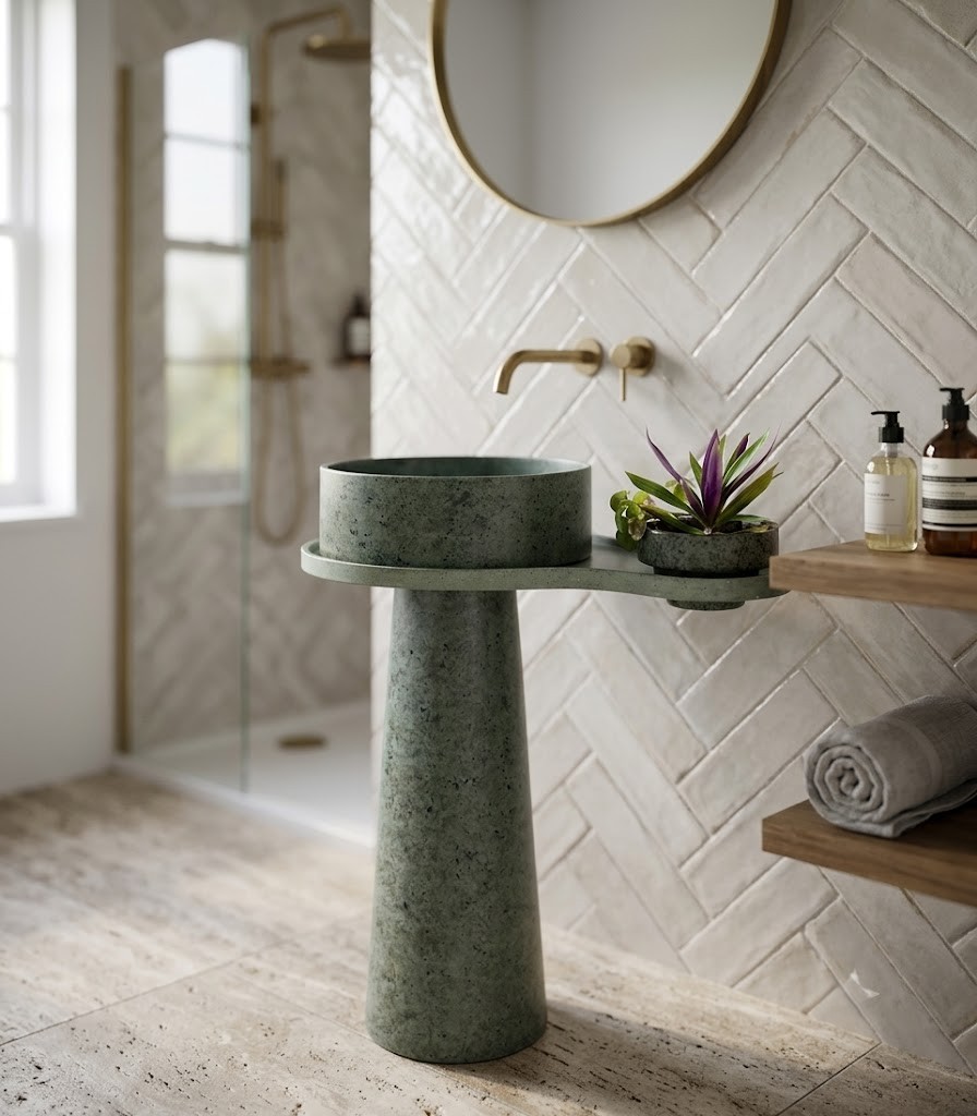Sage green composite stone freestanding basin featuring an integrated side shelf and tapered pedestal design.