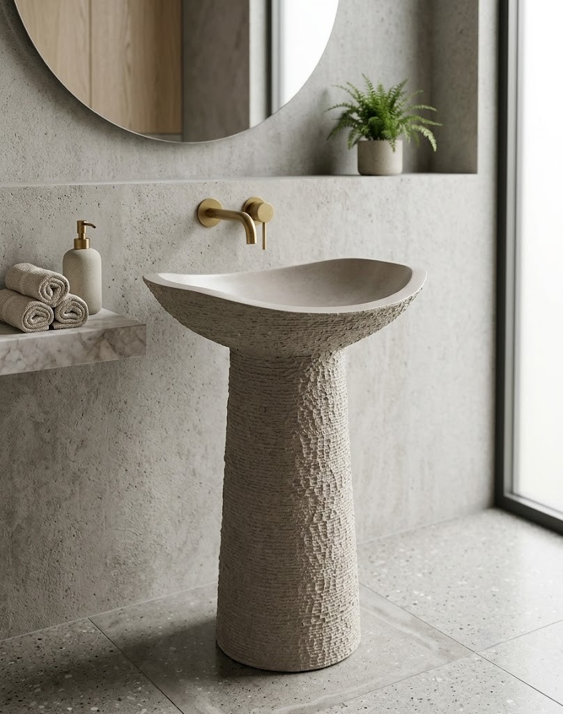 Luxury composite stone freestanding basin featuring an asymmetrical bowl and hand-carved textured pedestal design.