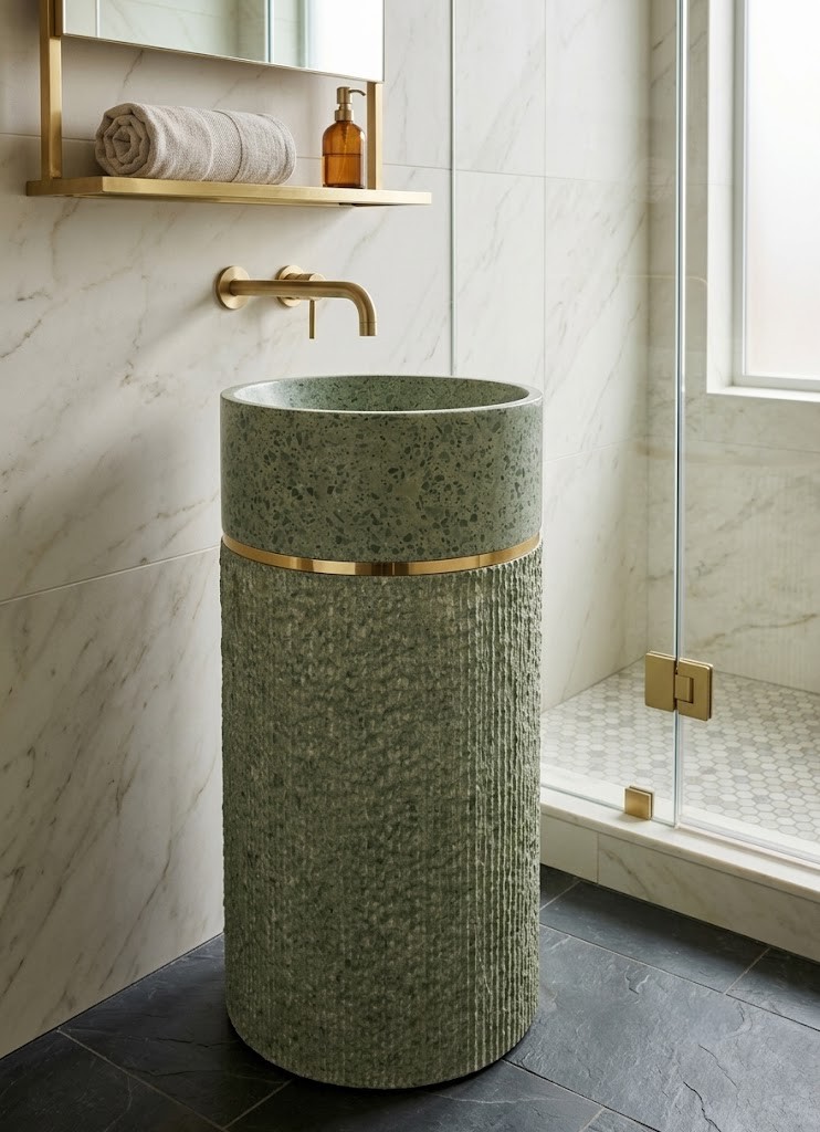 Luxury green terrazzo composite stone freestanding pedestal basin featuring fluted texture and elegant gold accent ring.