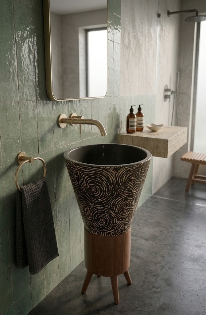 Designer Wooden Pedestal Base 8d9fa9c8 0566 4329 aa17 675ee1a3f2d4 1 - Tribal Spiral Designer Composite Stone Pedestal Basin with Wooden Stand | Artistic Luxury Washbasin | Contemporary Statement Bathroom Sink