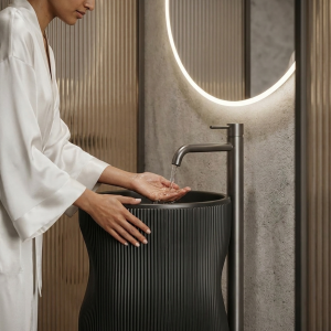 Close-up of dense tight ribbing following the organic wave undulation of the column on Muniq artificial stone pedestal basin 1348 matte black sculptural washbasin