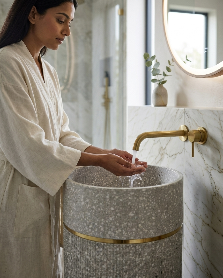 Luxury Ivory Freestanding Basin Side Profile - Ivory Terrazzo Composite Stone Freestanding Basin | Fluted Pedestal Washbasin with Gold Accent Ring | Luxury Designer Bathroom Sink