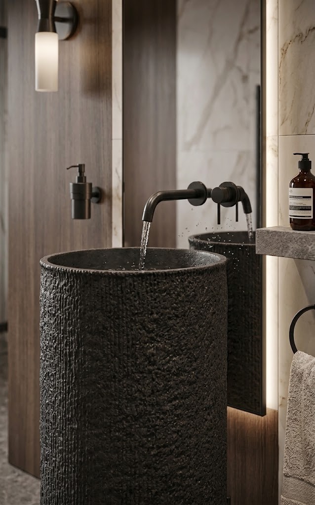 Close-up view of the handcrafted textured finish on a premium black composite stone washbasin.