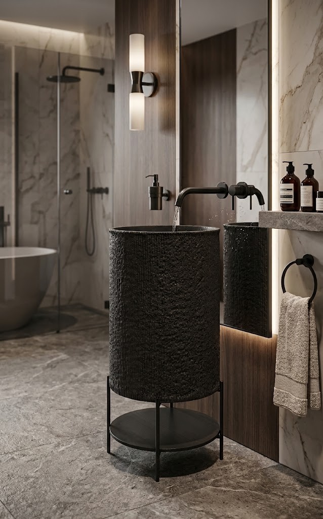 Luxury black composite stone pedestal basin featuring a textured exterior and minimalist metal stand with storage shelf.