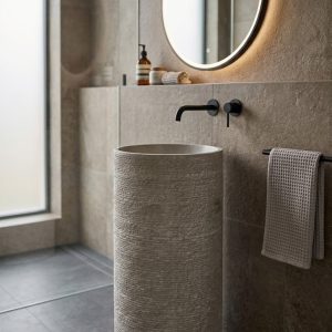 Natural stone texture composite stone freestanding basin with cylindrical pedestal design and handcrafted textured finish.
