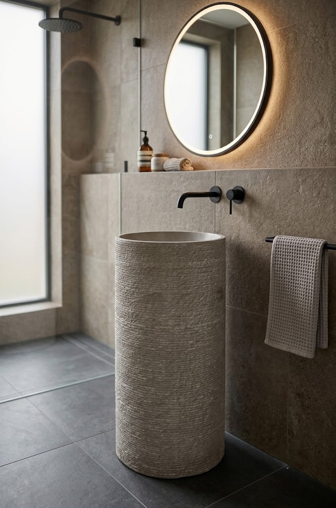 Natural stone texture composite stone freestanding basin with cylindrical pedestal design and handcrafted textured finish.