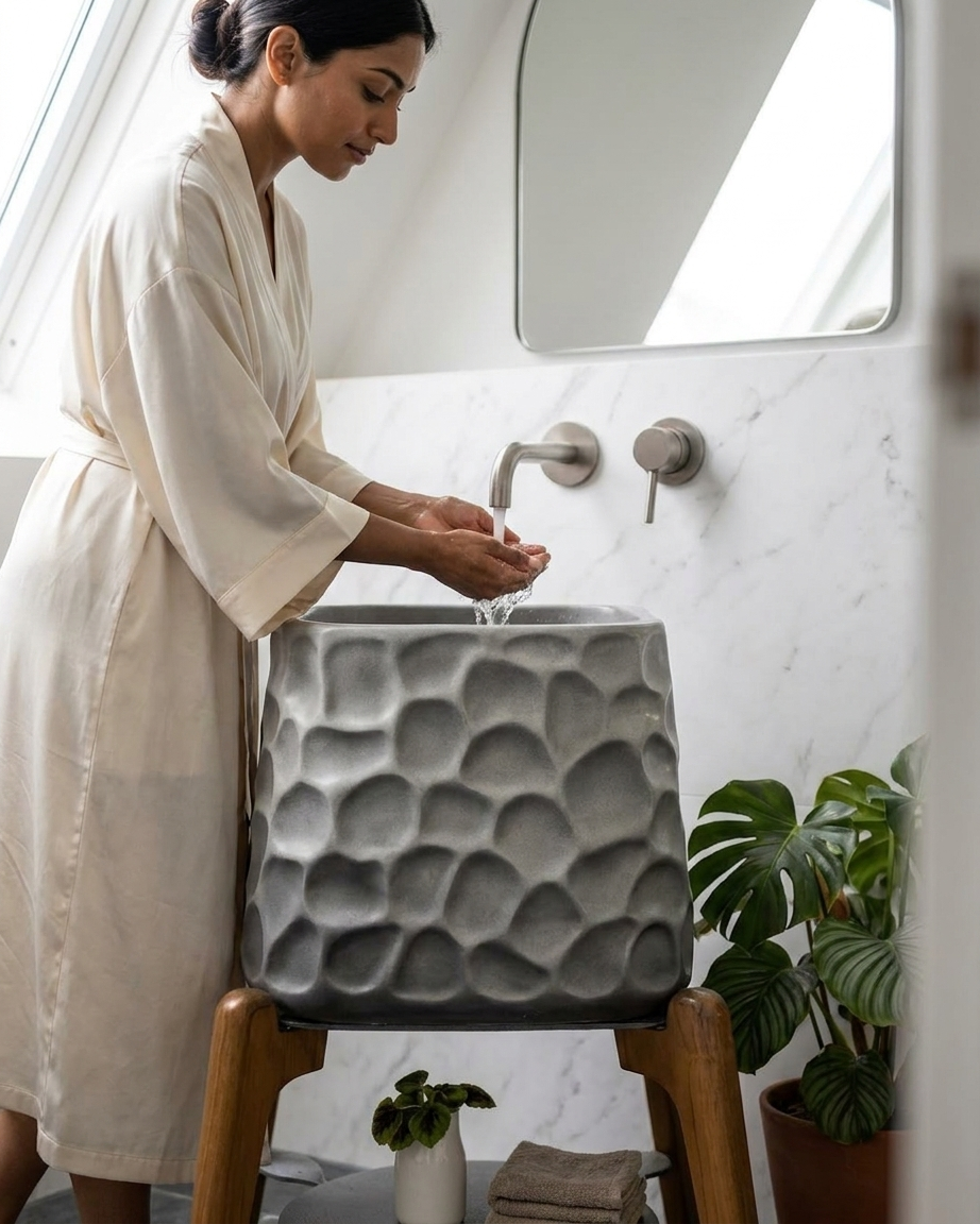 Close-up view of pebble-inspired textured surface on a luxury composite stone vessel washbasin.