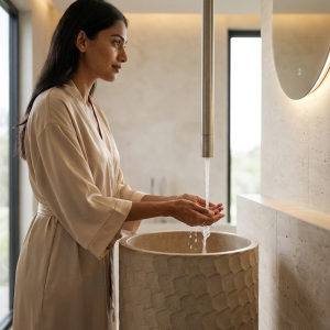 Close-up view of the sculpted scale texture on a premium composite stone freestanding bathroom basin showcasing artisanal craftsmanship