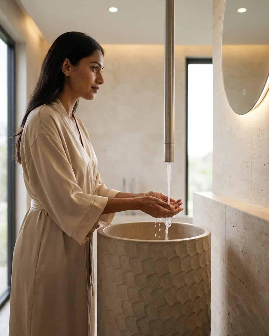 Close-up view of the sculpted scale texture on a premium composite stone freestanding bathroom basin showcasing artisanal craftsmanship