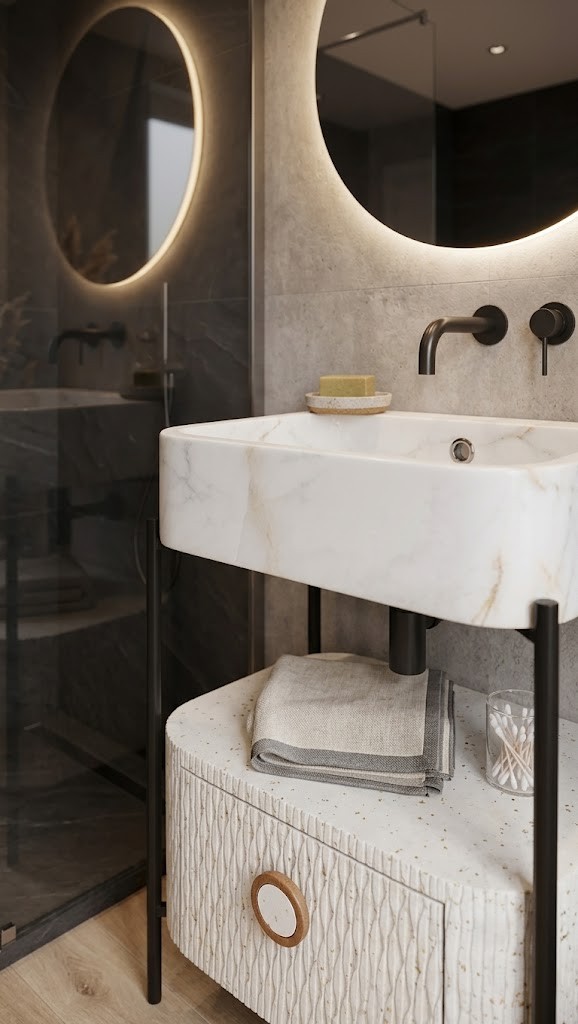 Designer bathroom vanity cabinet featuring decorative textured detailing and integrated storage drawer.