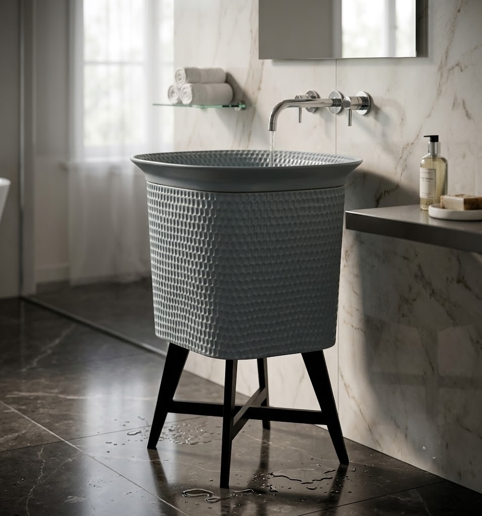 Composite stone vessel basin featuring a geometric honeycomb texture exterior mounted on a contemporary black metal stand.