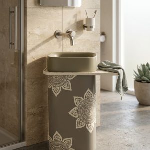 Decorative composite stone freestanding basin featuring intricate white mandala artwork, integrated side shelf, and oval designer washbasin.
