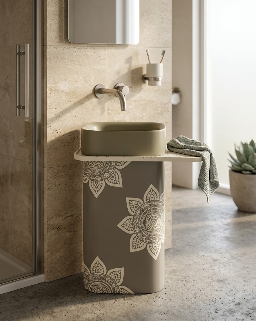 Decorative composite stone freestanding basin featuring intricate white mandala artwork, integrated side shelf, and oval designer washbasin.