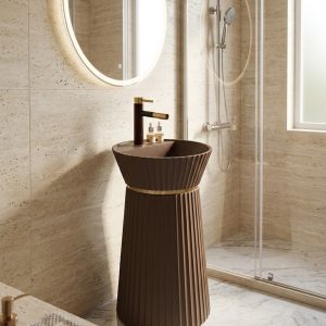 Mocha Crown freestanding artificial stone pedestal basin featuring a rich chocolate brown finish, vertical fluting, and elegant gold accent ring