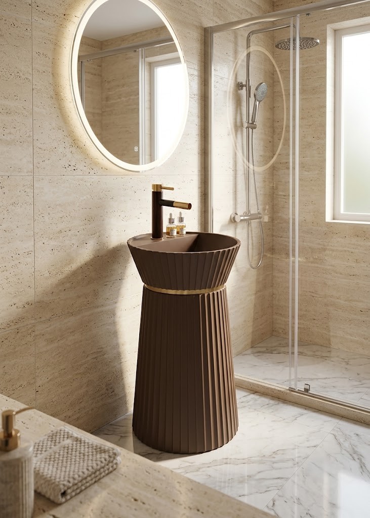 Mocha Crown Freestanding Artificial Stone Pedestal Basin Brown Fluted Designer Sink Mocha Crown freestanding artificial stone pedestal basin featuring a rich chocolate brown finish, vertical fluting, and elegant gold accent ring