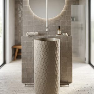 Ivory beige composite stone freestanding pedestal basin with hand-carved overlapping scale texture and cylindrical designer washbasin shape.